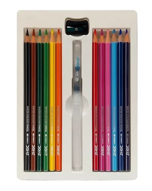 A Pack of 12 Shades of DOMS Water Colour Pencils with Water Brush and Sharpener.