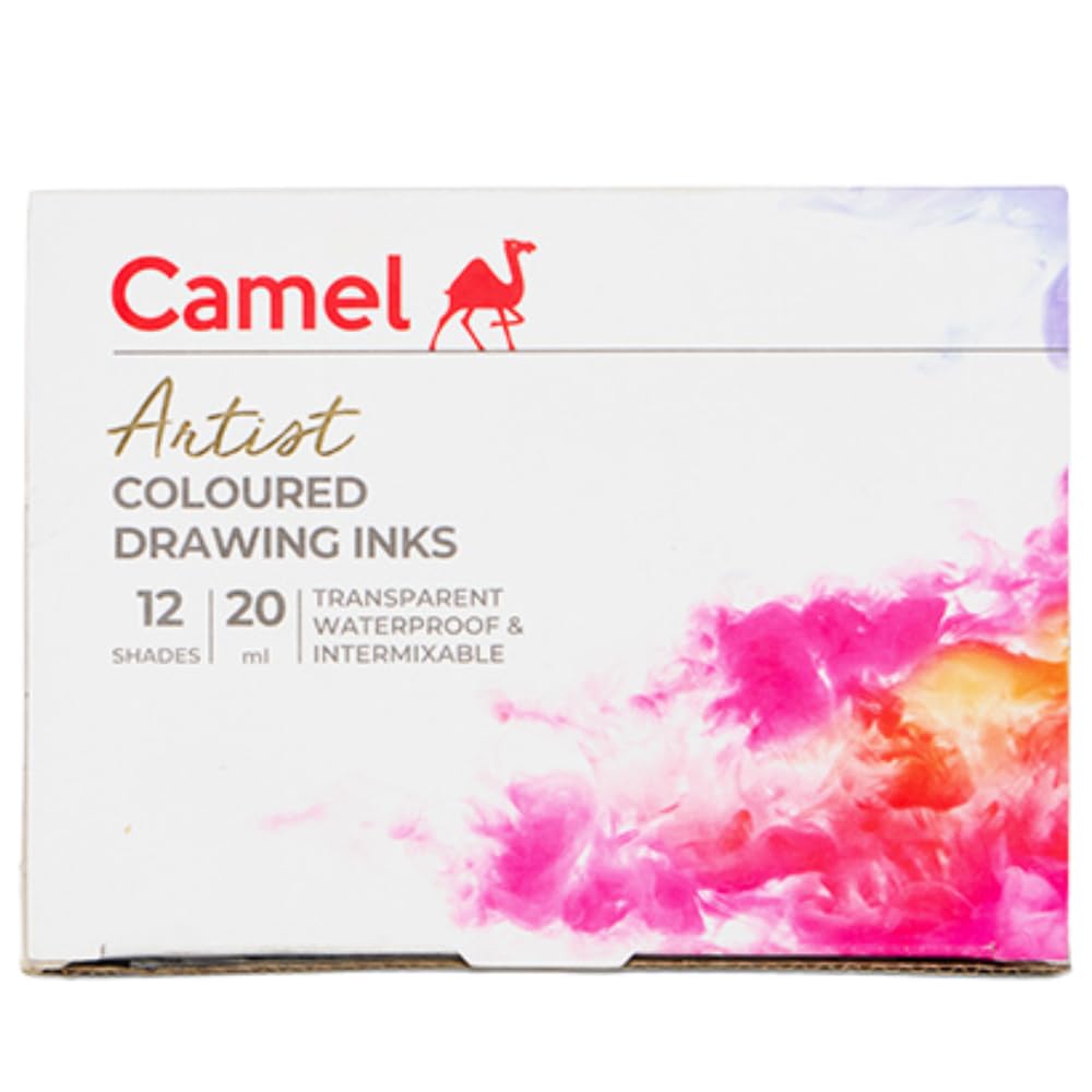 Camlin Pack of 12 Coloured Drawing Inks in 20 ml Bottles