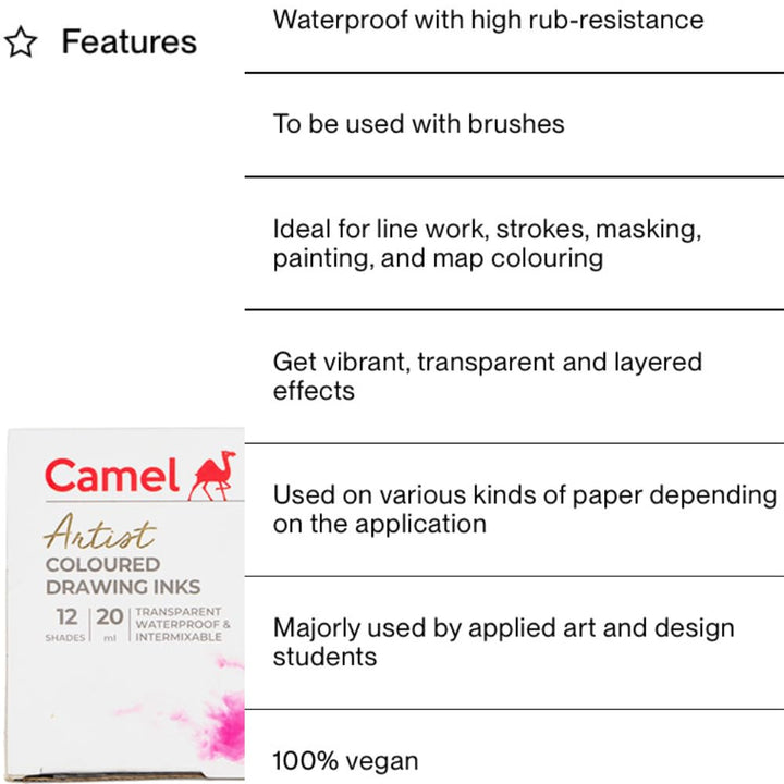 Camlin Pack of 12 Coloured Drawing Inks in 20 ml Bottles