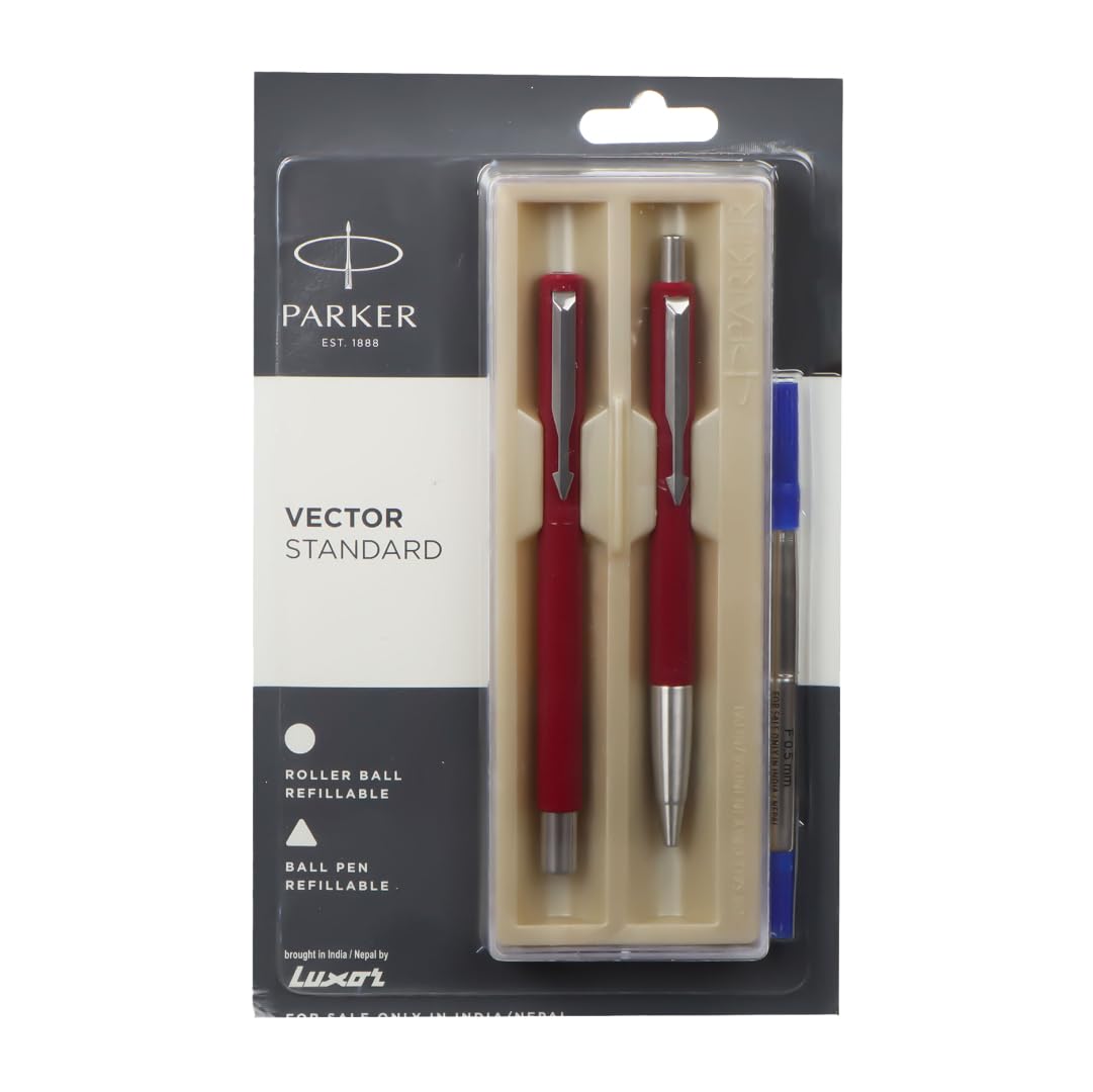 Parker Vector Standard With Stainless Steel Trim Ball Pen + Roller Ball Pen - Bbag | India’s Best Online Stationery Store