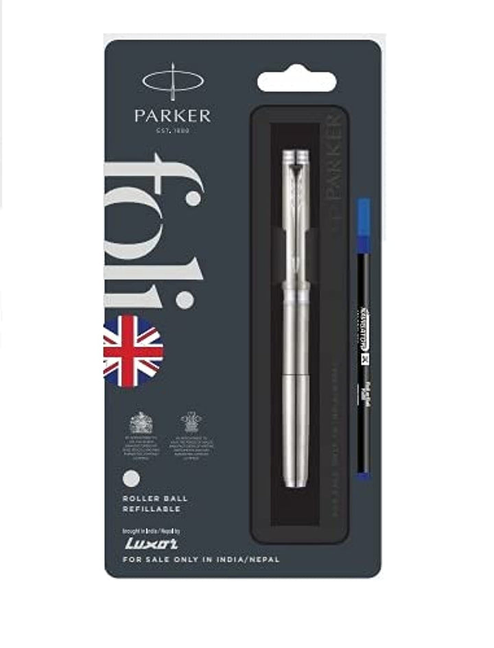 Parker Folio Stainless Steel with Steel Trim Roller Ball Pen - Bbag | India’s Best Online Stationery Store