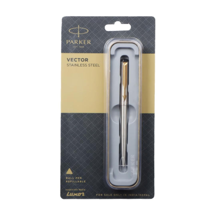 Parker Vector Stainless Steel With Gold Trim Ball Pen - Bbag | India’s Best Online Stationery Store