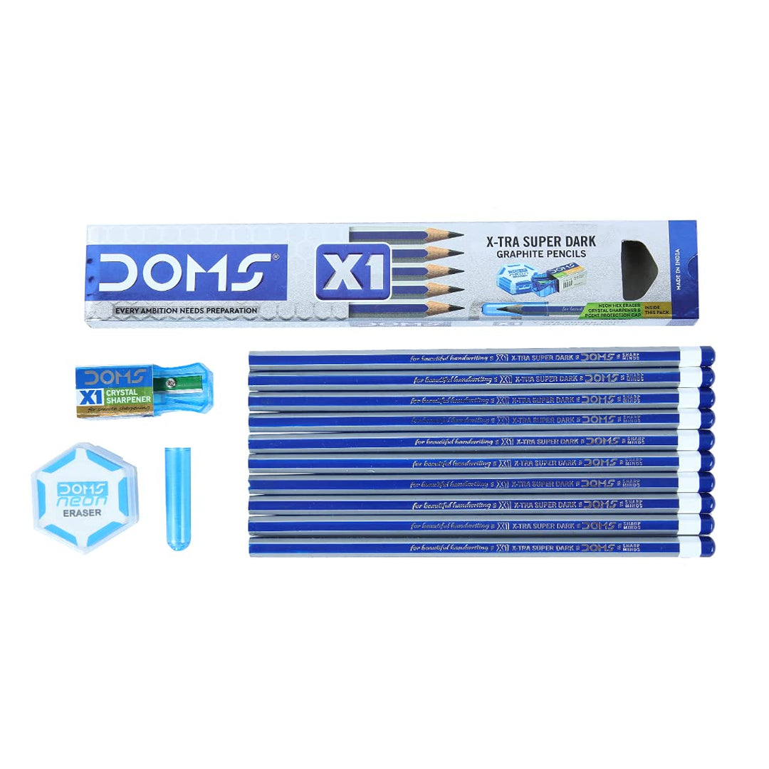 A Pack of 10 Pieces of DOMS X1 X-TRA Super Dark Pencil With Doms X1 Crystal Sharpener, Doms Neon Eraser and Doms  Transparent Blue Cap.
