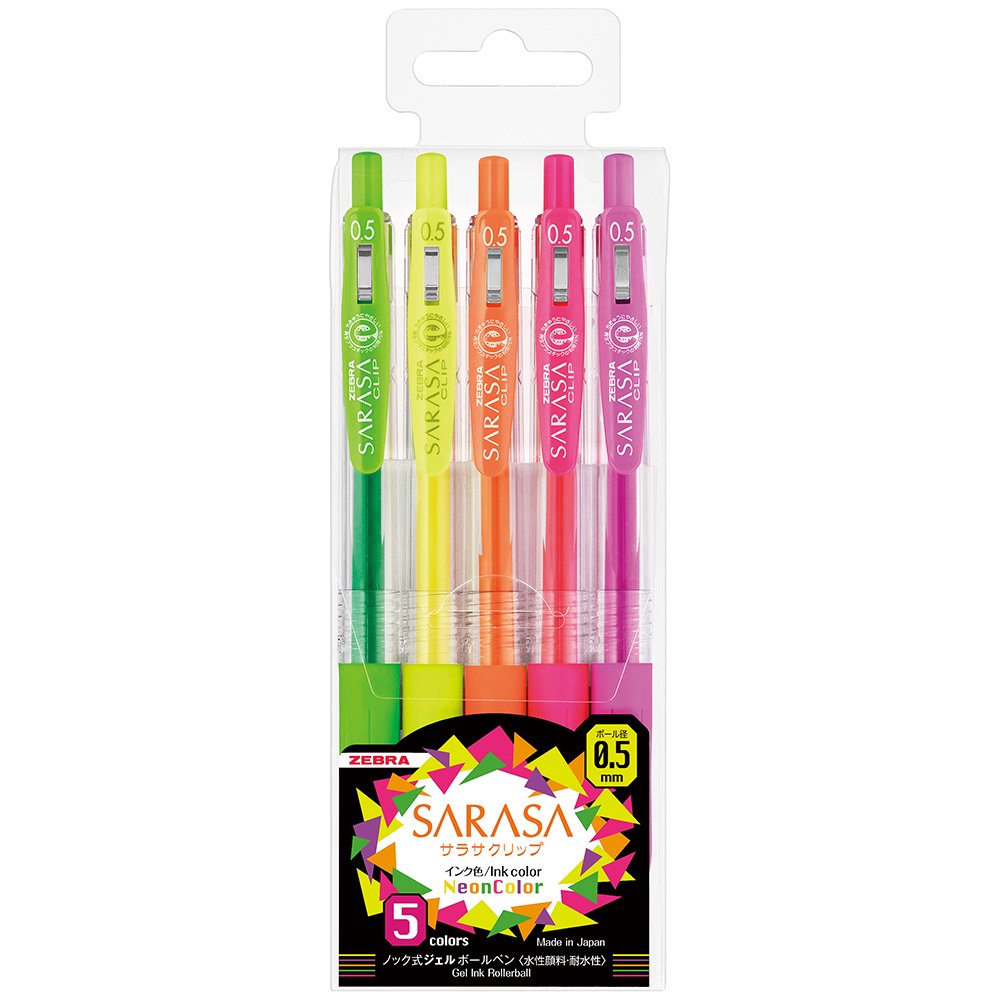 A Pack of 5 Green, Yellow, Orange, Pink and Purple colour Zebra Sarasa Clip Neon Gel Pen with 0.5mm tip size.