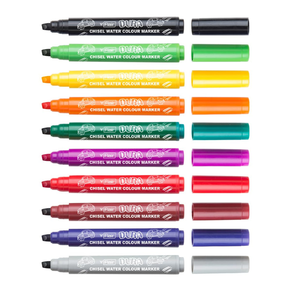 Black, Green, Yellow, Orange, Dark Green, Purple, Red, Maroon, Blue and Grey Colour Flair Creative Dura Chisel Water Colour Marker