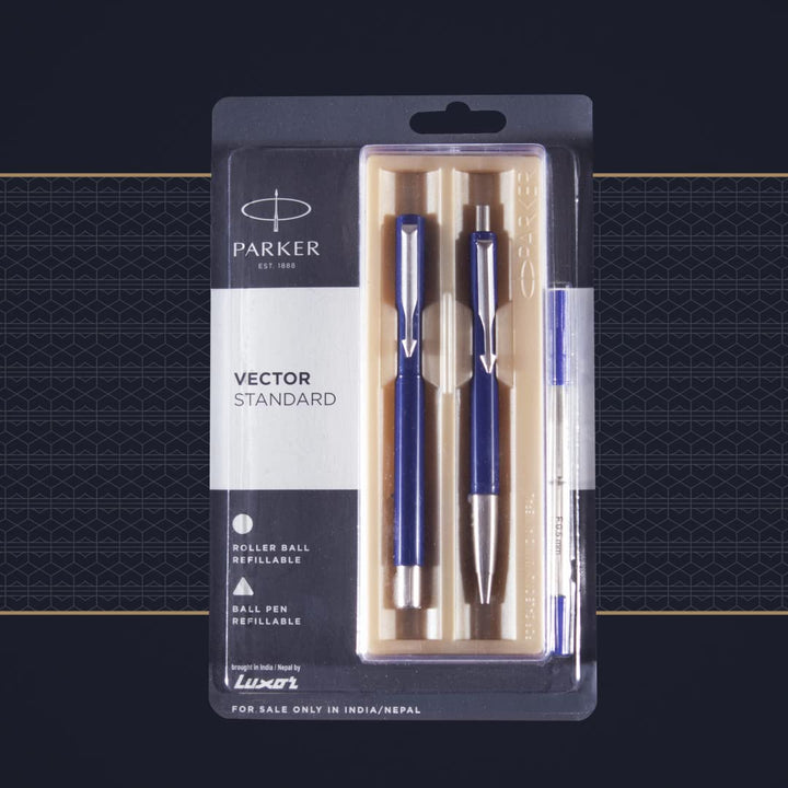Parker Vector Standard With Stainless Steel Trim Ball Pen + Roller Ball Pen - Bbag | India’s Best Online Stationery Store