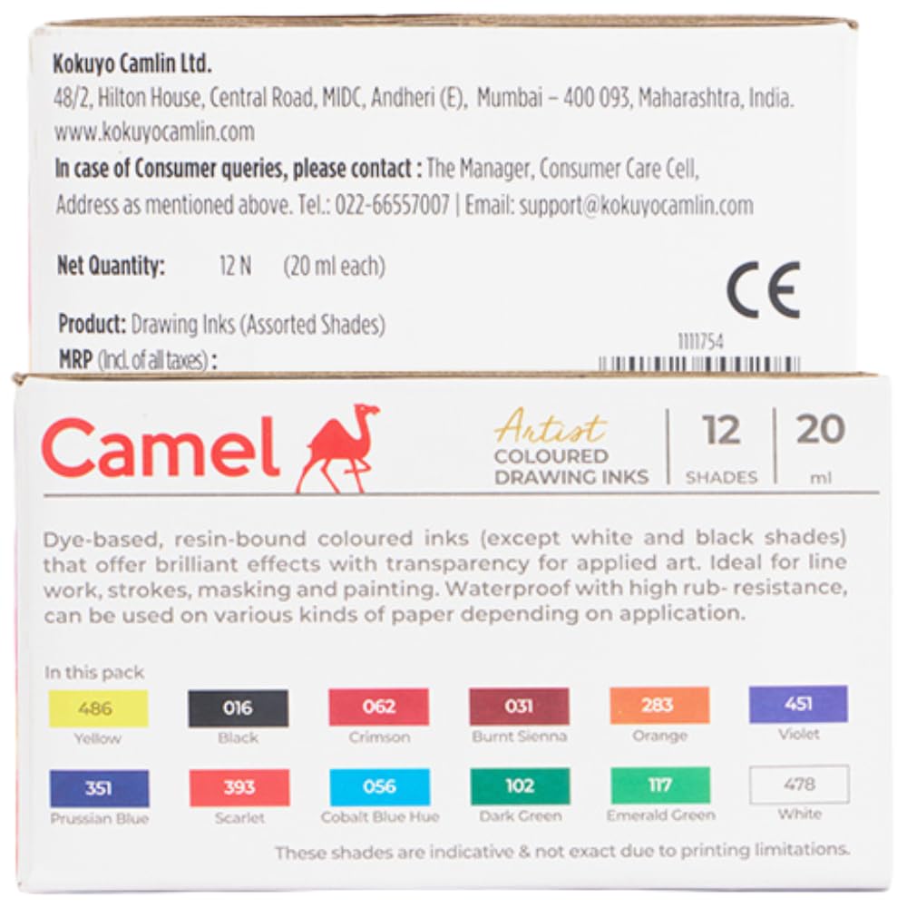 Camlin Pack of 12 Coloured Drawing Inks in 20 ml Bottles