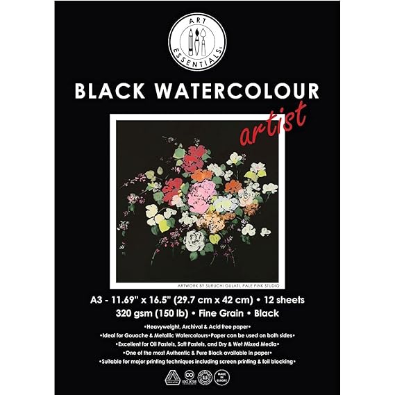 Art Essentials Black Watercolour Artist A3 Black Fine Grain/Vellum 320 GSM, Pad of 12 Sheets