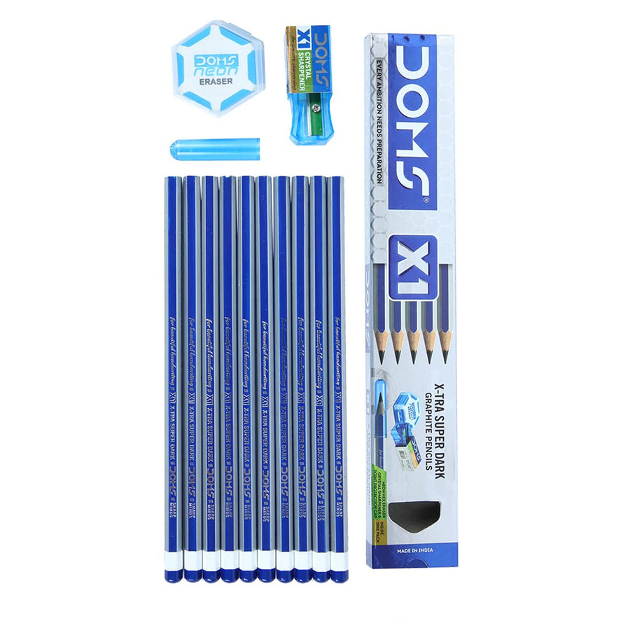 A Pack of 10 DOMS X1 X-TRA Super Dark Pencil With Transparent Crystal Sharpener, Doms Neon Eraser and Pencil Cap.