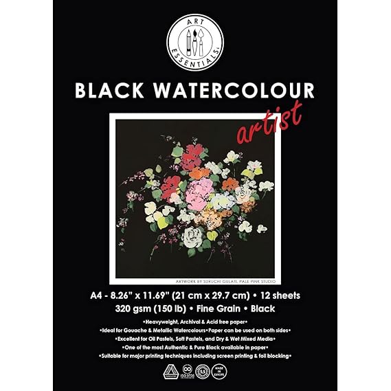 Art Essentials Black Watercolour Artist A3 Black Fine Grain/Vellum 320 GSM, Pad of 12 Sheets