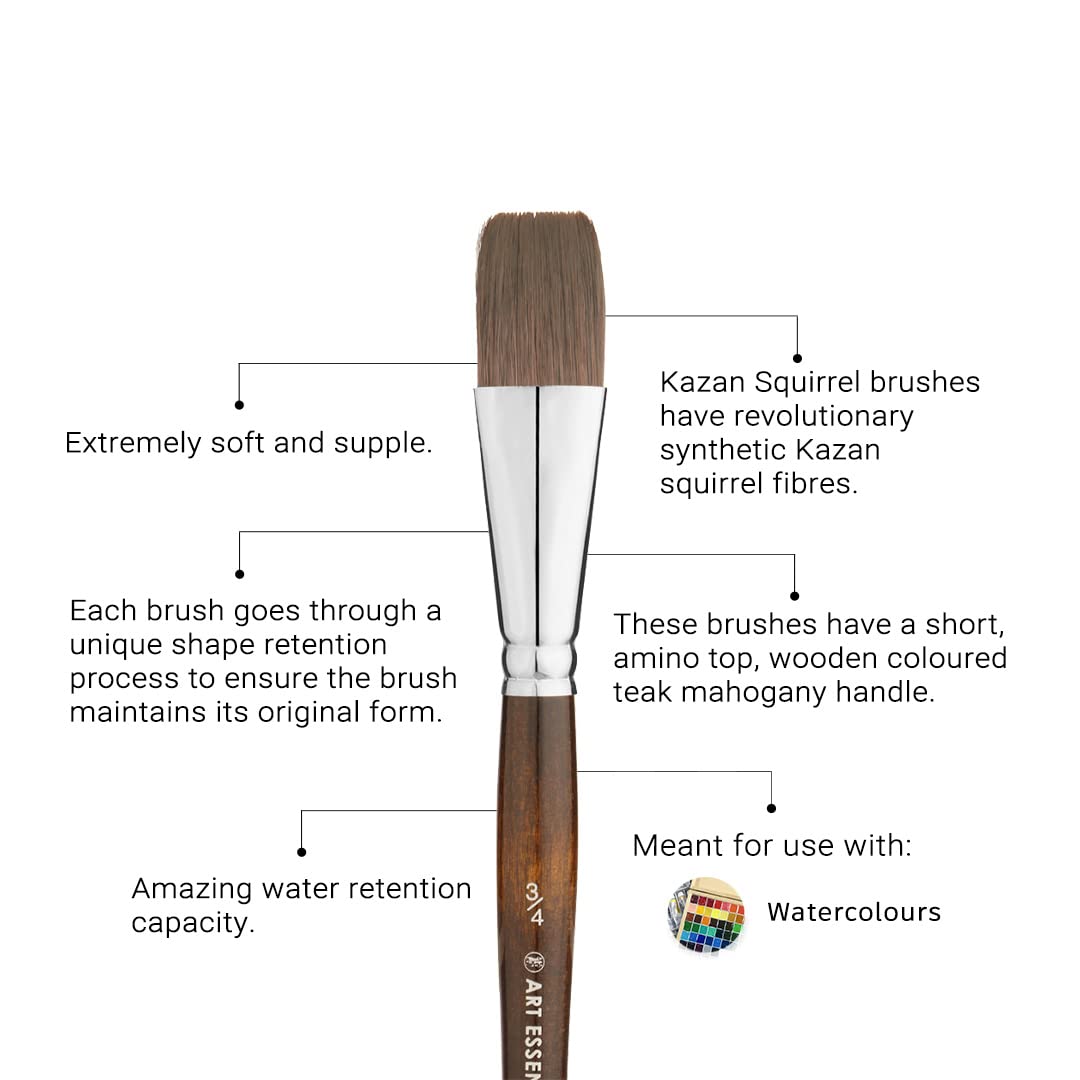 Art Essentials Kazan Synthetic Squirrel Hair Brush for Watercolour, Gouache and Ink - Series 12016 - Flat - Short Handle - Size: 3/4 inch