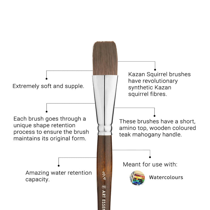 Art Essentials Kazan Synthetic Squirrel Hair Brush for Watercolour, Gouache and Ink - Series 12016 - Flat - Short Handle - Size: 3/4 inch