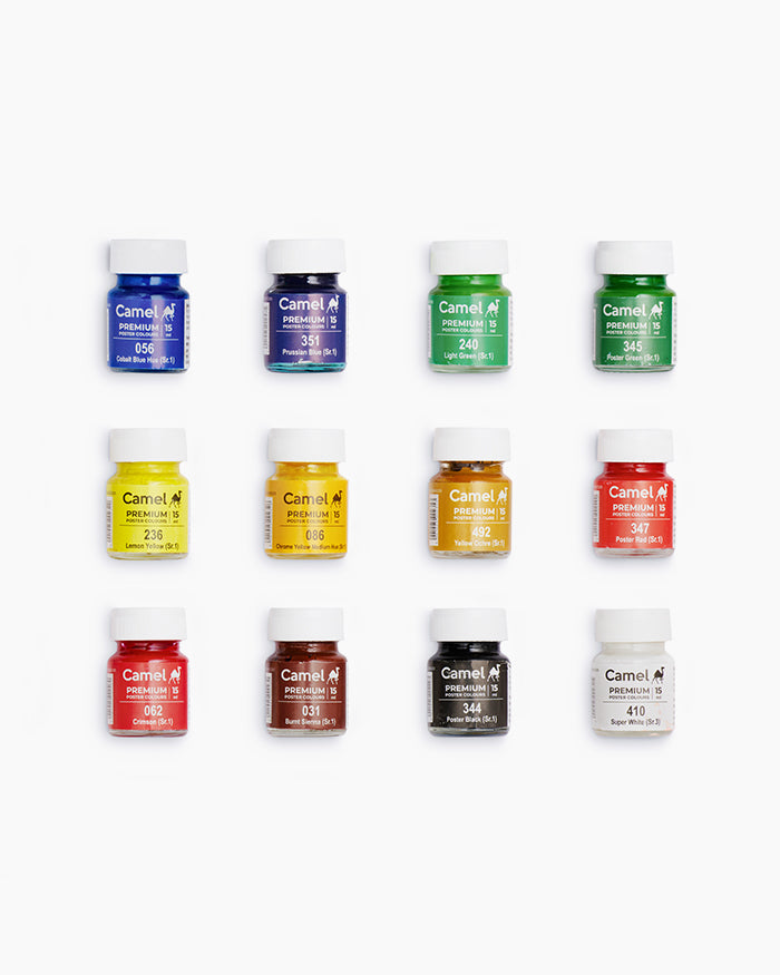 Camel Premium Poster Colours -Assorted pack of 12 shades in 15 ml