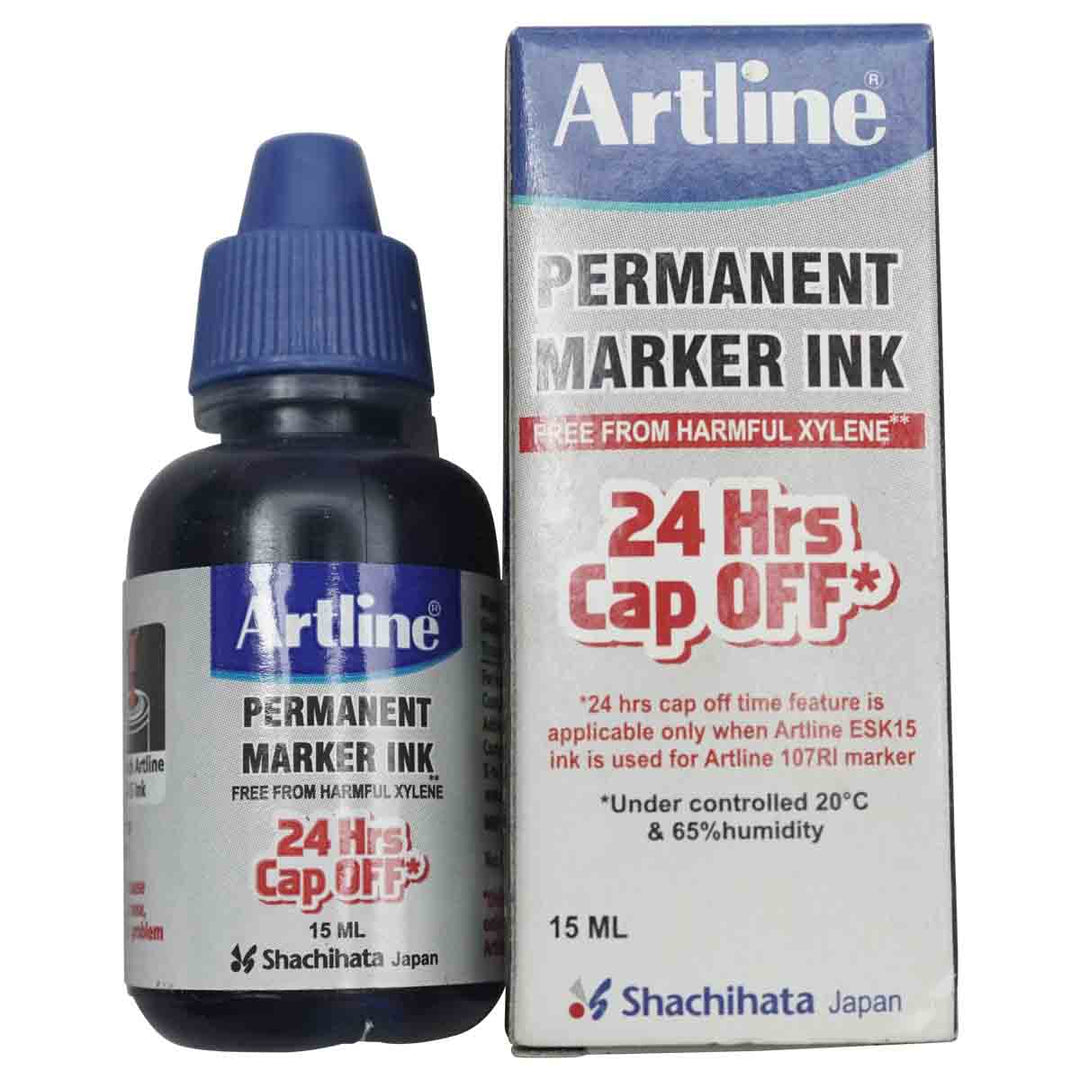 A Pack of 15 ml   Colour blue Artline Permanent Marker Ink with 24 hours cap off.