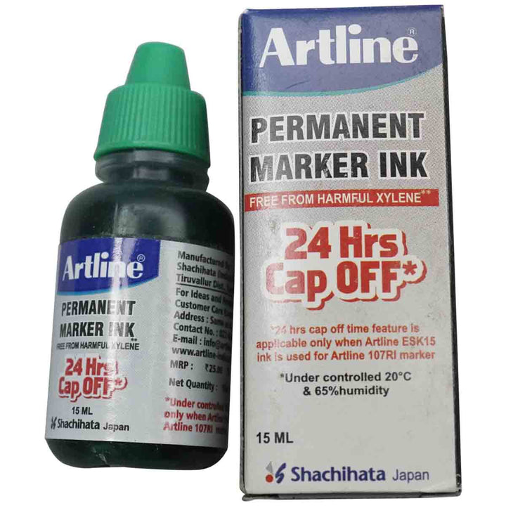 A Pack and Bottle of 15 ml Green Colour Artline Permanent Marker Ink