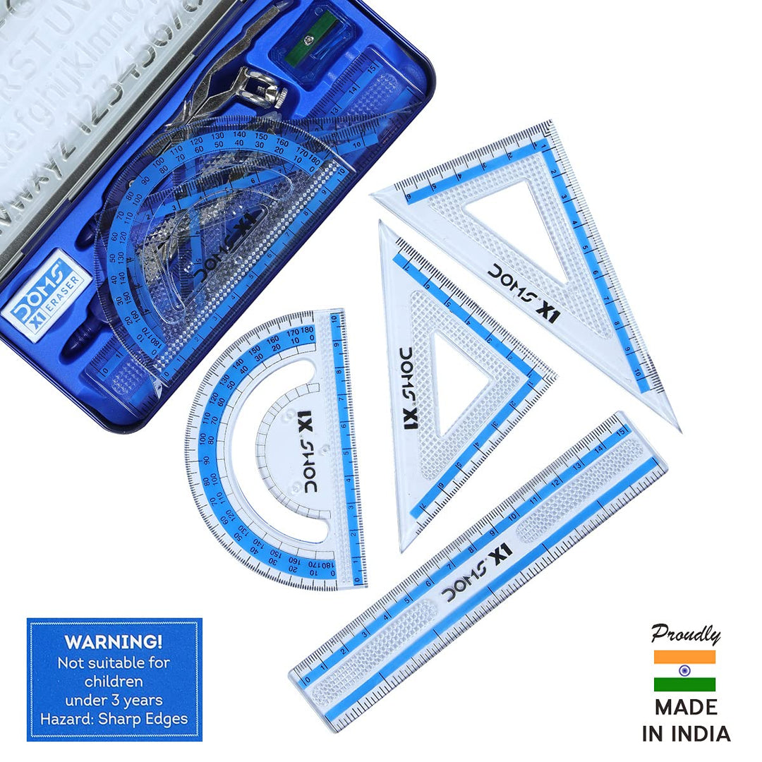 DOMS X1 Premium Mathematical Drawing Instrument Box Which comes with 1 set Square 60 degree, Doms X1 Ruler, 1 Protector,  1 Set Square 45 degree, DOMS X1 Eraser, Doms Rounder and Doms x1 Sharpener.