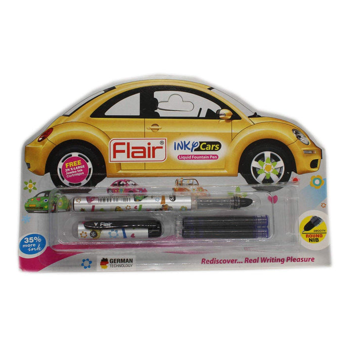 Flair Inky Cars Liquid Ink Fountain Pen with smooth round nib and 2 cartridges.