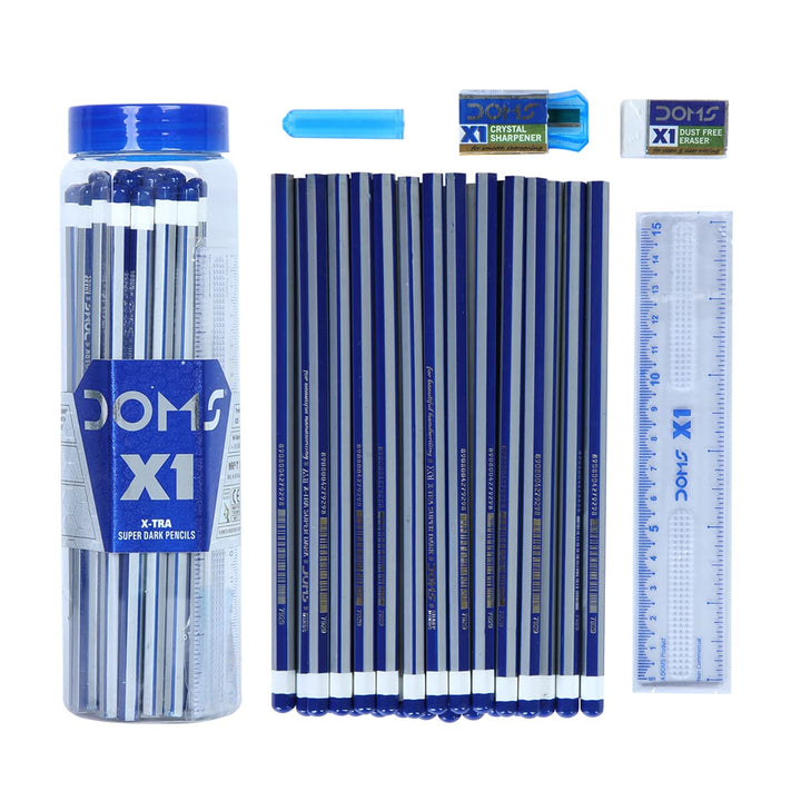 A pack of 50 DOMS X1 X-TRA Super Dark Pencil With Doms X1 Scale, Doms Dust Free Eraser, Doms X1 Crystal Sharpener and Pencil Cap.