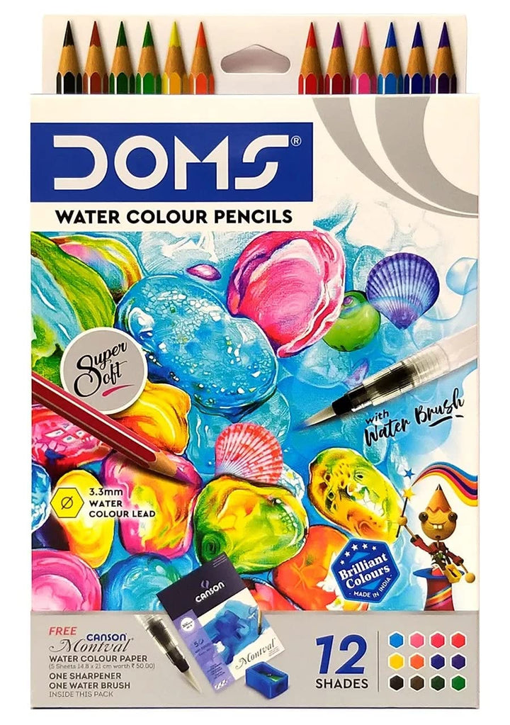 Free Canson Montval Water Colour Paper, One Sharpener And Water Brush with A Pack of DOMS Water Colour Pencils.