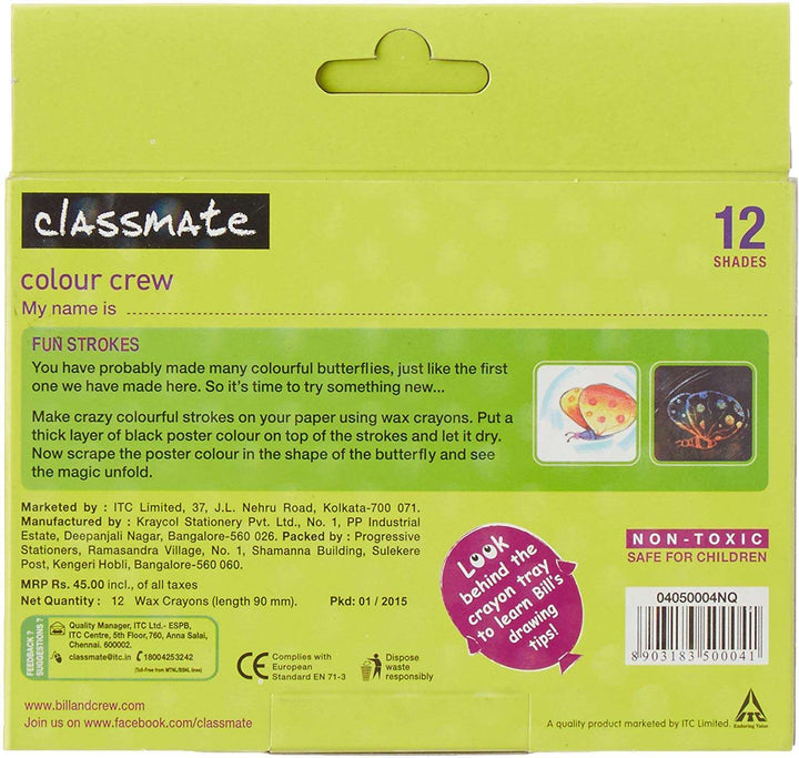 A pack of 12 shades of rich, vibrant Classmate Wax Crayons Jumbo Colour