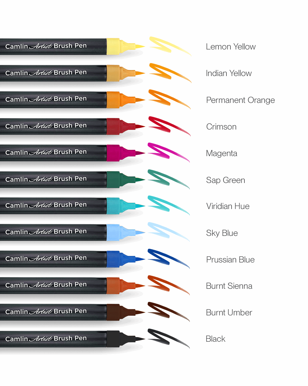 Camlin Artist Brush Pens Black, Reddish Brown (Burn Amber), Red Sienna (Burn Siena), Prussian Blue, Sky Blue (Sky Blue), Viridian Blue, Sap Green, Magenta, Dark Red (Crimson), Permanent Orange (Permanent Orange) , Indian Yellow (Indian Yellow), Lemon Yellow (Lemon Yellow) 