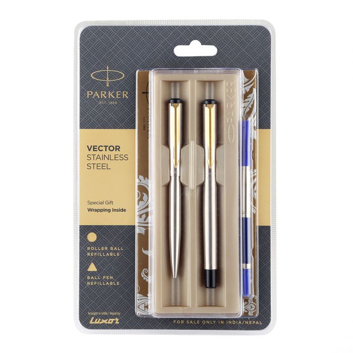 Parker Vector Stainless Steel With Gold Trim Ball Pen + Roller Ball Pen - Bbag | India’s Best Online Stationery Store