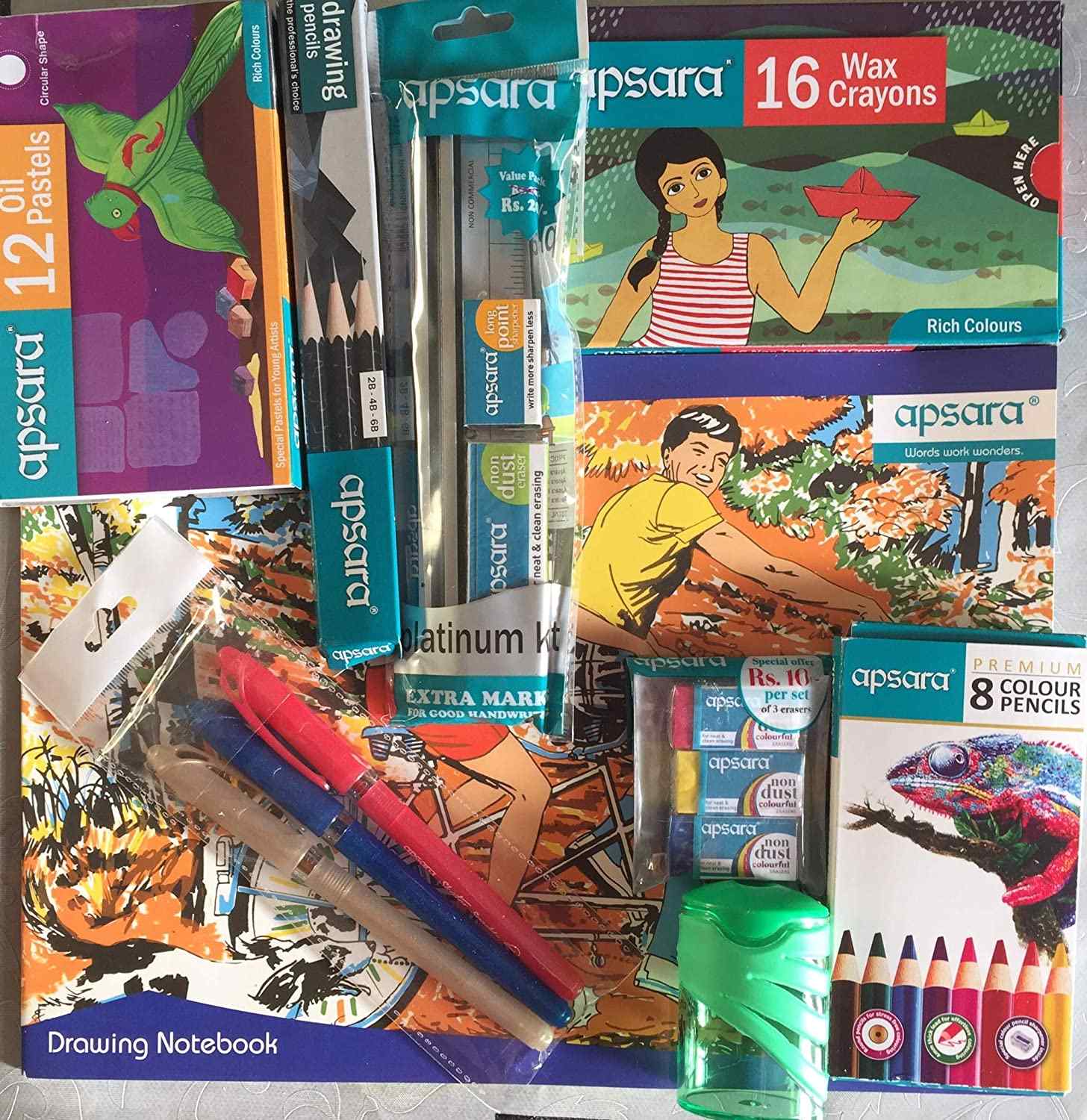 1 Apsara Drawing Book A4, 1 Set of Apsara 12 Oil Pastels, 1 Set of Apsara H/s 8 Shades, 3 Pcs Apsara Skater Pens, 1 Set of Apsara 16 Wax crayons, 1 Set of Apsara Drawing 3 Pencils, 1 Pcs of Apsara Tidy Grip Sharpener, 1 Set of Apsara Platinum Kit, 3 Piece of Apsara Non dust colorful erasers.