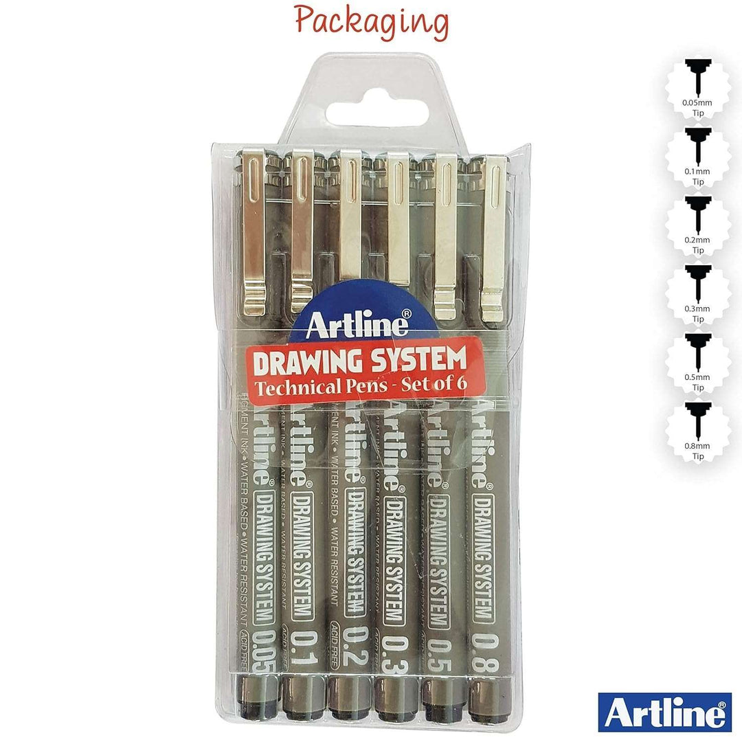 A Pack of 6 Pcs of different type of Tip Size Artline Drawing System Technical Pens