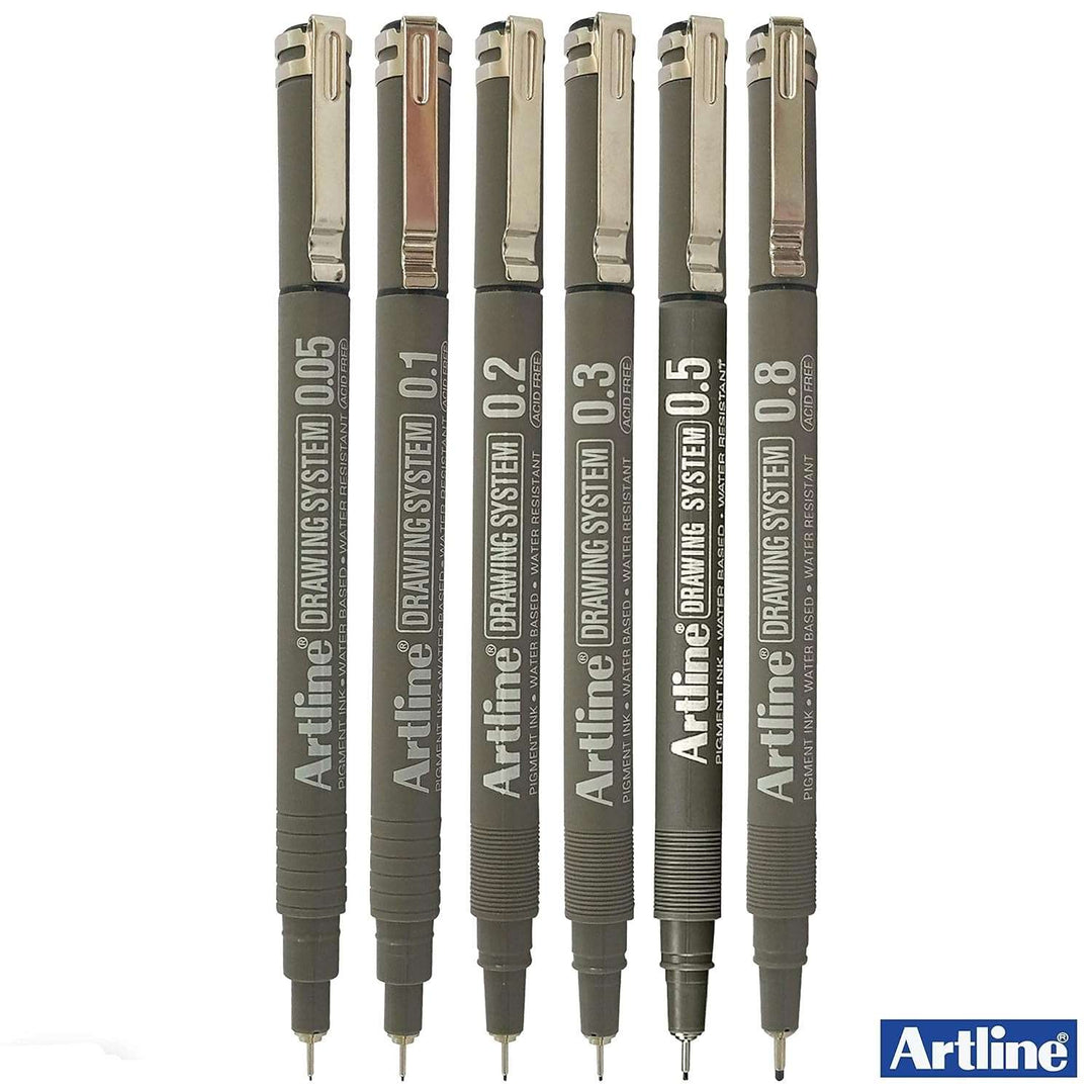 0.05mm, 0.1mm, 0.2mm, 0.3mm, 0.5mm and 0.8mm Tip Size Artline Drawing System Technical Pens