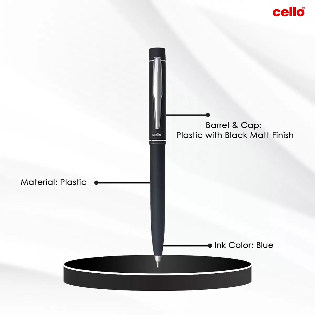 Cello Black Jack Ball Pen with black Plastic with matt finish and blue ink colour 0.7mm tip size