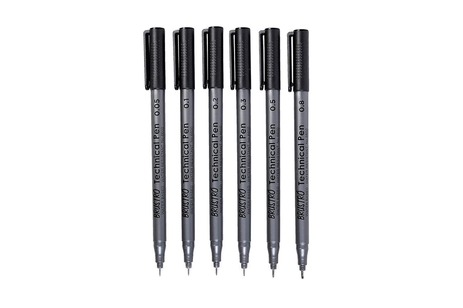 6 Set of Brustro Technical Pens with 0.05mm, 0.1mm, 0.2mm, 0.3mm, 0.5mm and 0.8mm Tip Size.