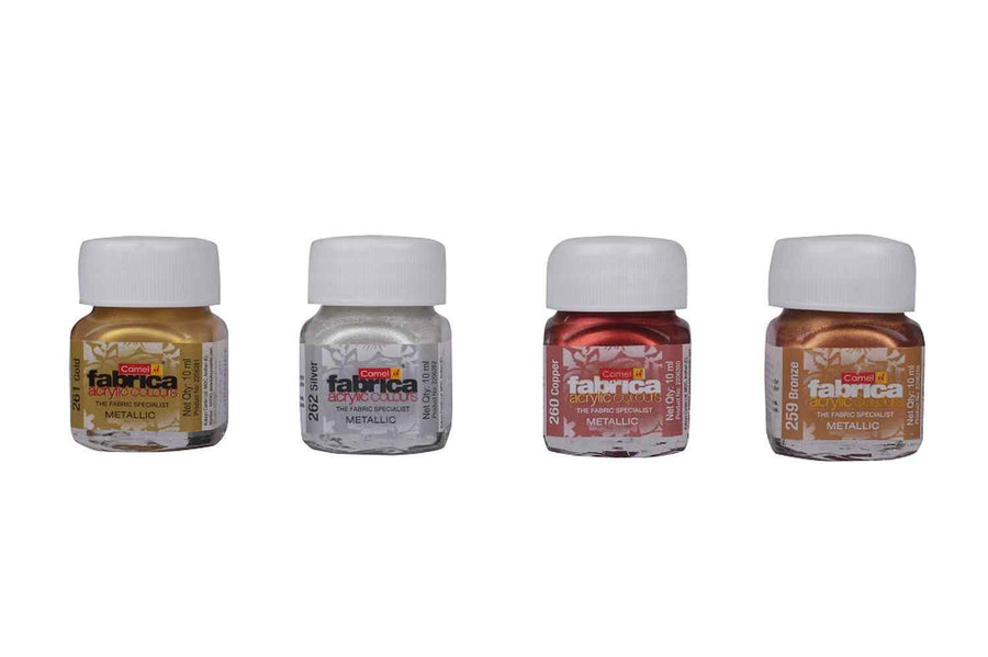 4 shades of Camel Fabrica Acrylic Metallic Colours - Gold, Silver, Copper And Bronze