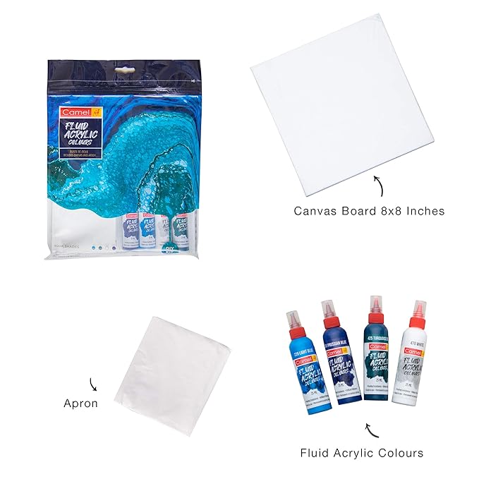 Camel Fluid Acrylic Colour kit 8*8 inches canvas board, Apron And 4 Aqua Fluid Acrylic Colours  