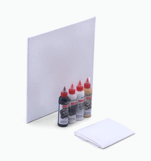 Camel Fluid Acrylic Colour kit - 4 shades of Acrylic Colour , Canvas and apron 
