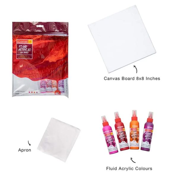 Sunset series Camel Fluid Acrylic Colour kit - Canvas Board 8*8 inches, Apron and 4 shade of Fluid Acrylic Colour