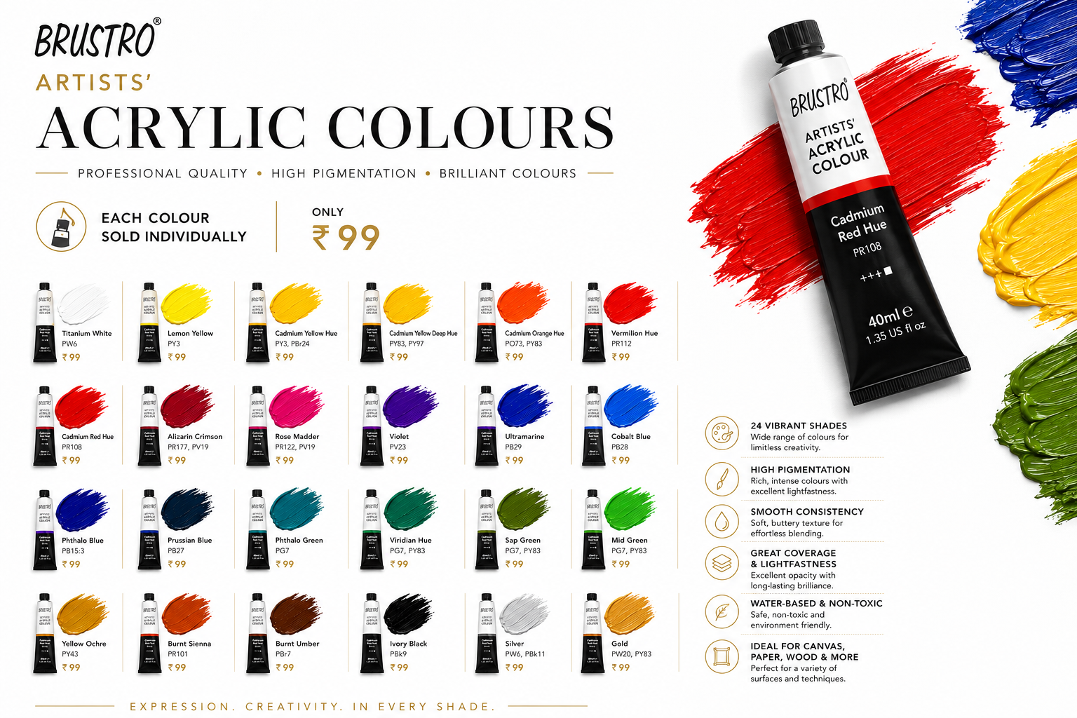 Brustro Acrylic Paint 40ml Tubes – Premium Artist Quality Bbag | India’s Best Online Stationery Store