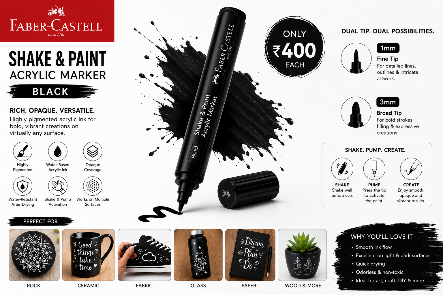 Faber-Castell Acrylic Paint Pen Black , Professional Multi-Surface Marker Bbag | India’s Best Online Stationery Store