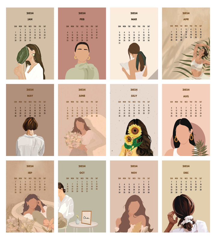 12 different graphics for 12 different months Creative Convert Aesthetic Desk Calendar 