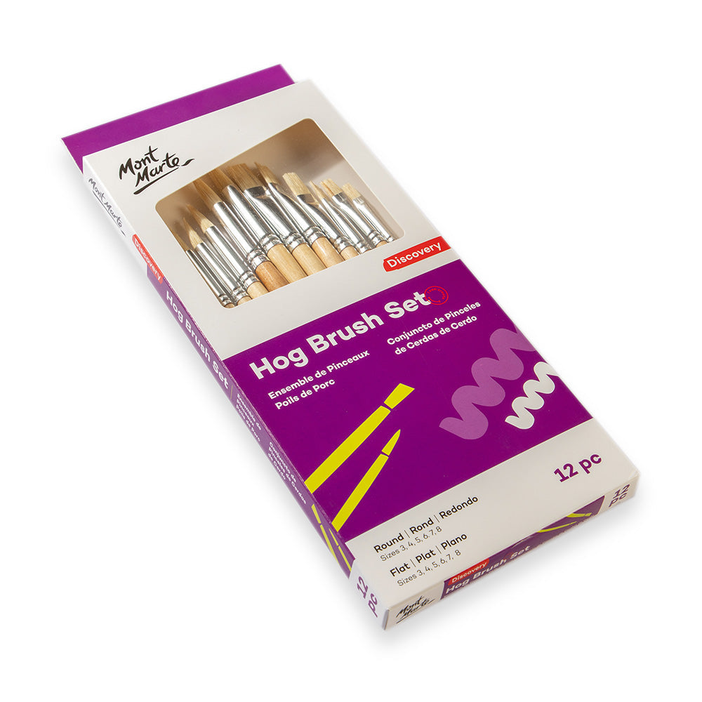 Hog Brush Set Round & Flat Discovery 12pc - Versatile Paint Brushes