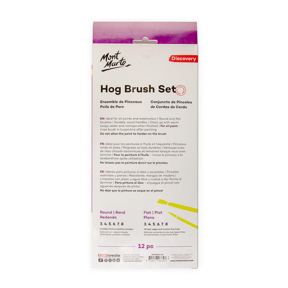 Hog Brush Set Round & Flat Discovery 12pc - Versatile Paint Brushes