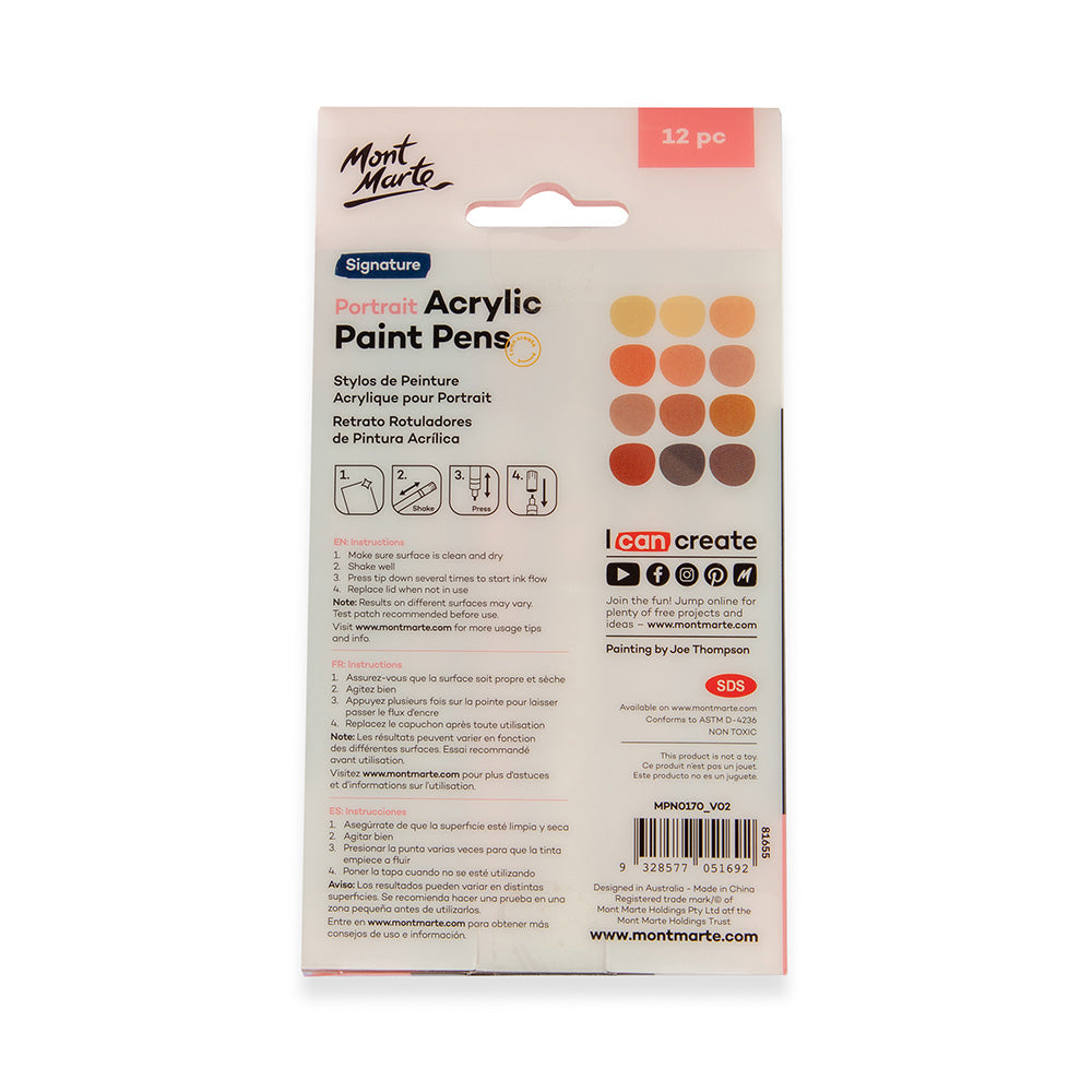 Portrait Acrylic Paint Pens 12pc – Broad Tip, Skin Tone Colors