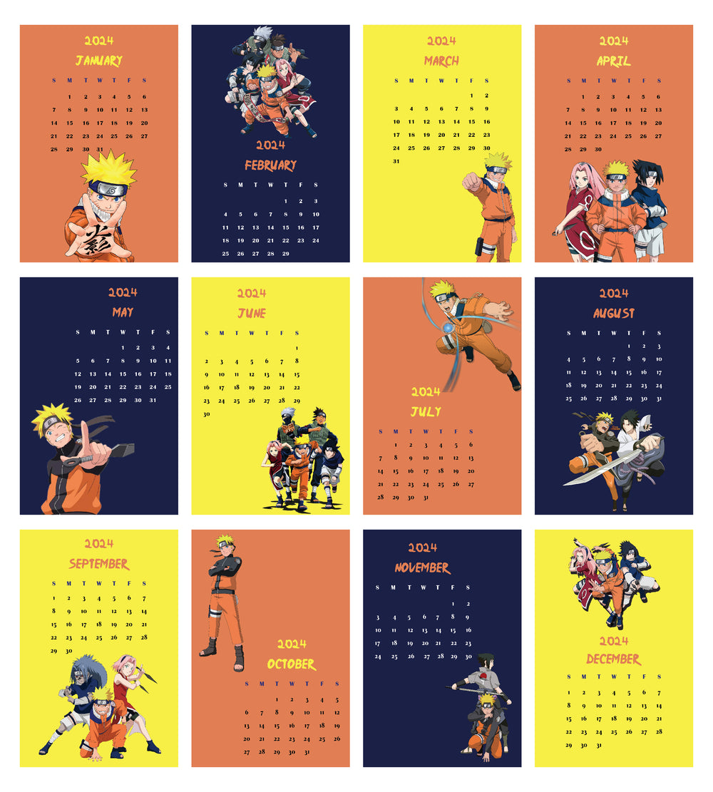 12 Different graphical images of Naruto anime  for 12 different months in Creative Convert Naruto Desk Calendar 