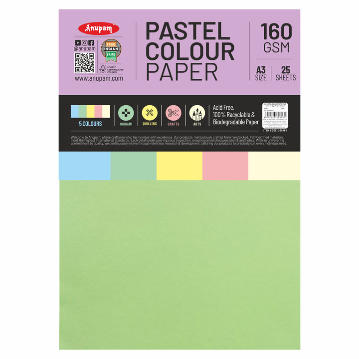 Anupam Colour Paper Pastel Shades 5 colour - 160 GSM Pack