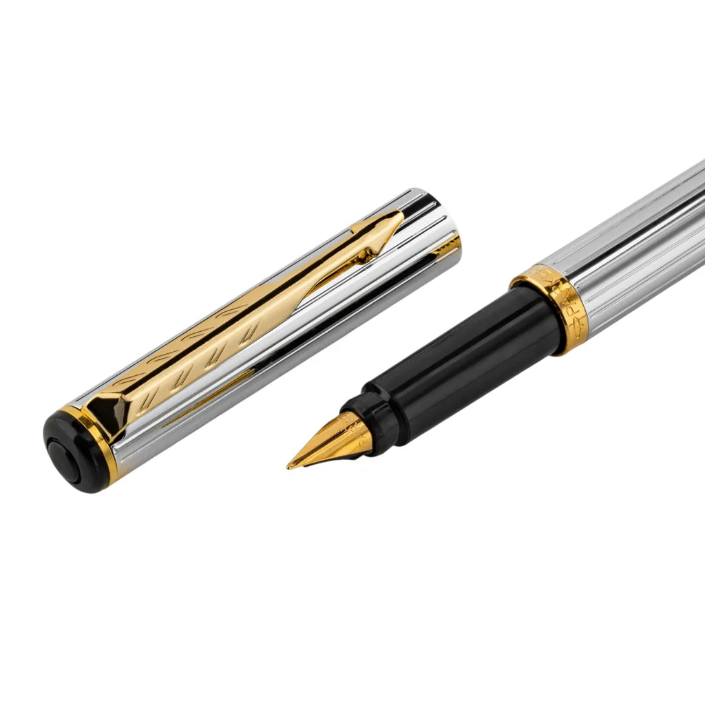 Parker Rialto Shiny Chrome Gold Trim Fountain Pen Bbag | India’s Best Online Stationery Store