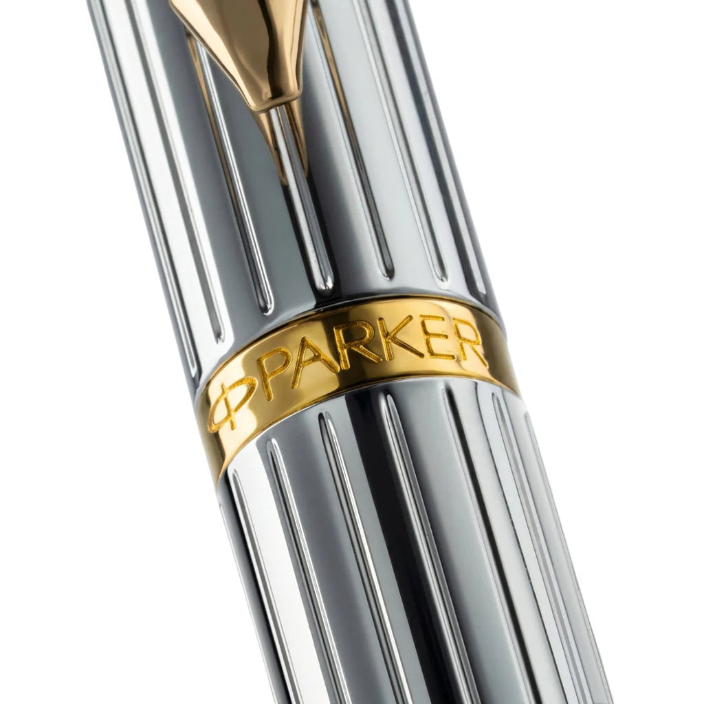 Parker Rialto Shiny Chrome Gold Trim Fountain Pen Bbag | India’s Best Online Stationery Store