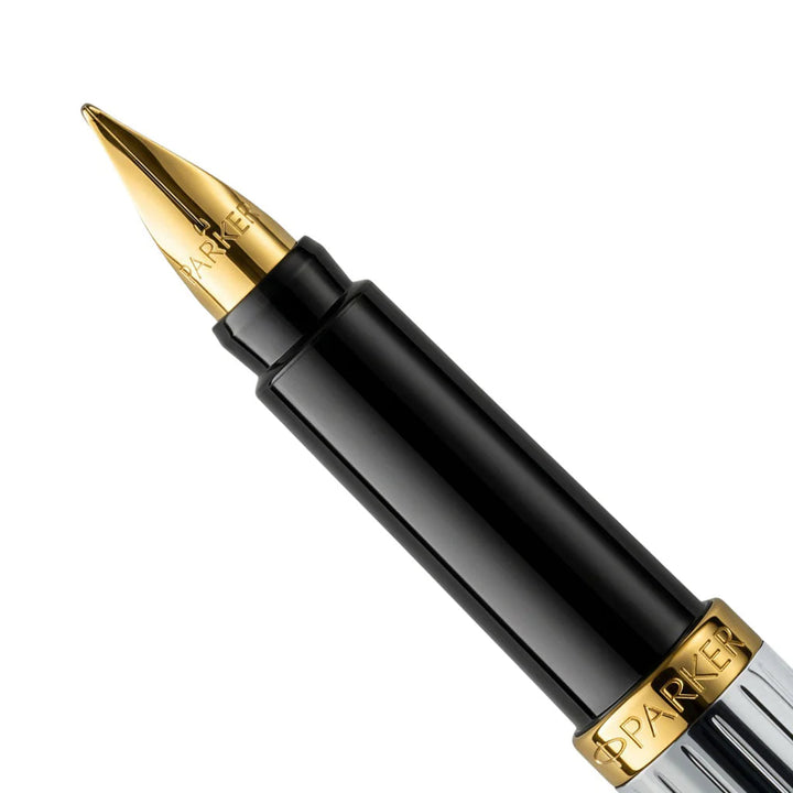 Parker Rialto Shiny Chrome Gold Trim Fountain Pen Bbag | India’s Best Online Stationery Store