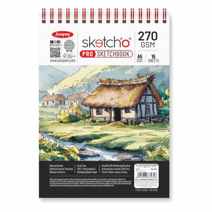 Anupam Sketch-O Pro Spiral Bound Sketchbook – 270 GSM -15 Sheets