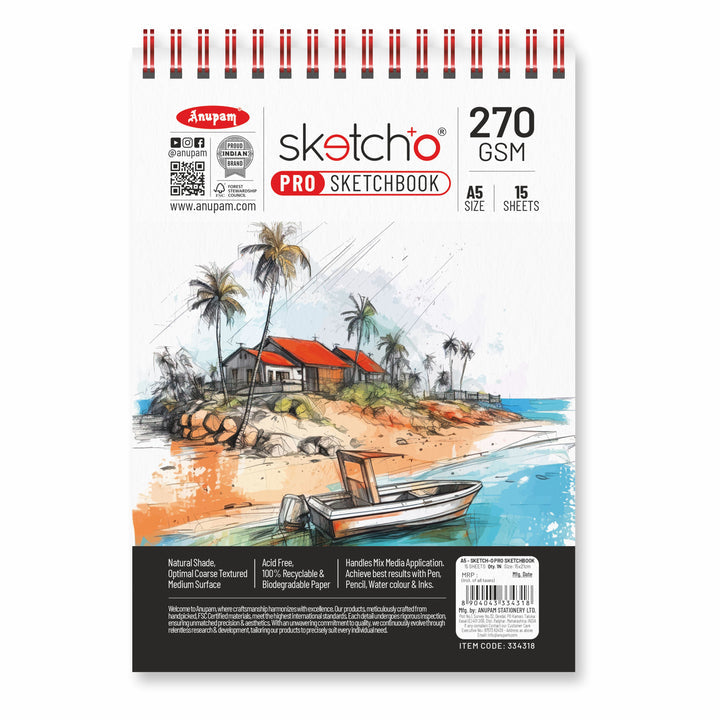 Anupam Sketch-O Pro Spiral Bound Sketchbook – 270 GSM -15 Sheets
