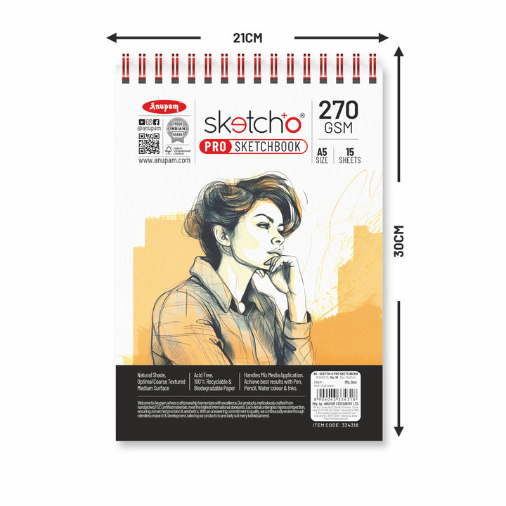 Anupam Sketch-O Pro Spiral Bound Sketchbook – 270 GSM -15 Sheets