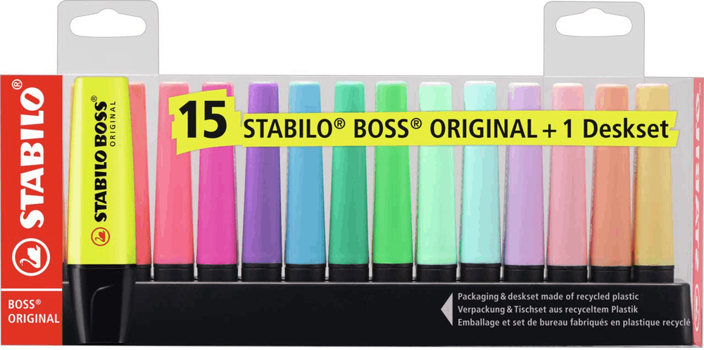 A Pack of 15 stabilo Boss Highlighter with 1 Deskset. 